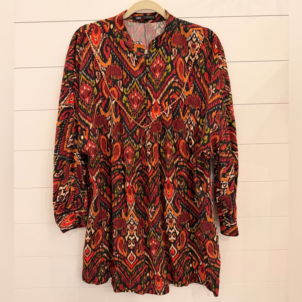 ZARA Women’s Ikat Southwest Print Boho Mini Dress Long Sleeve Large EUC!